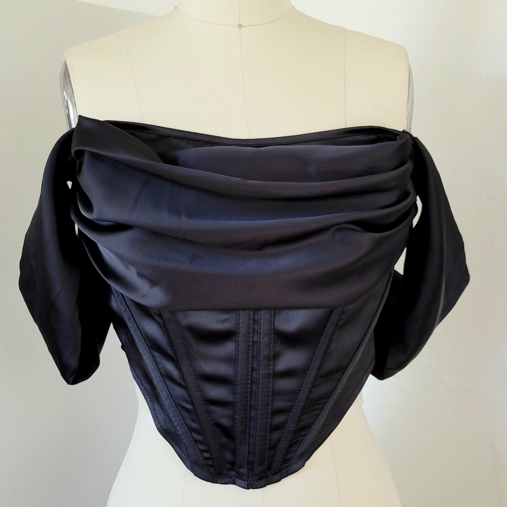 Missguided Size 4 Black Satin Off The Shoulder Corset Crop Top